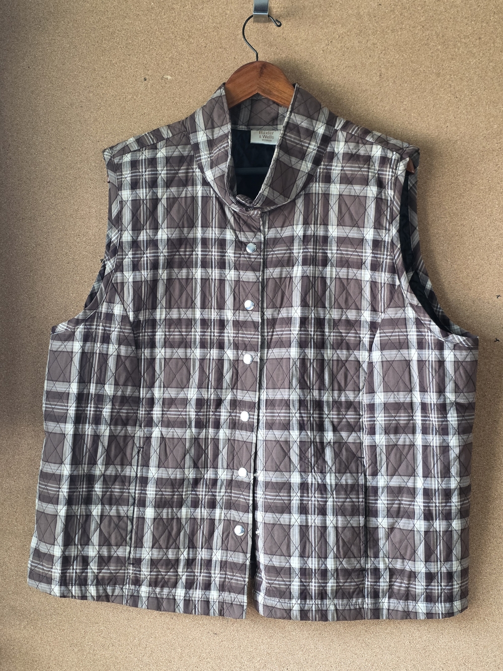 Baxter & Wells Brown Plaid Quilted Vest Snap Front Plus Size 2X